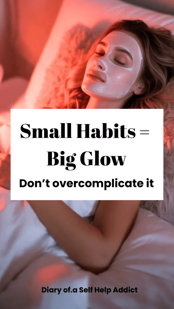 Woman relaxing with a sheet mask on, lying comfortably (possibly under soft lighting), cozy setting, calm and peaceful vibe. Could hint at red light therapy glow.