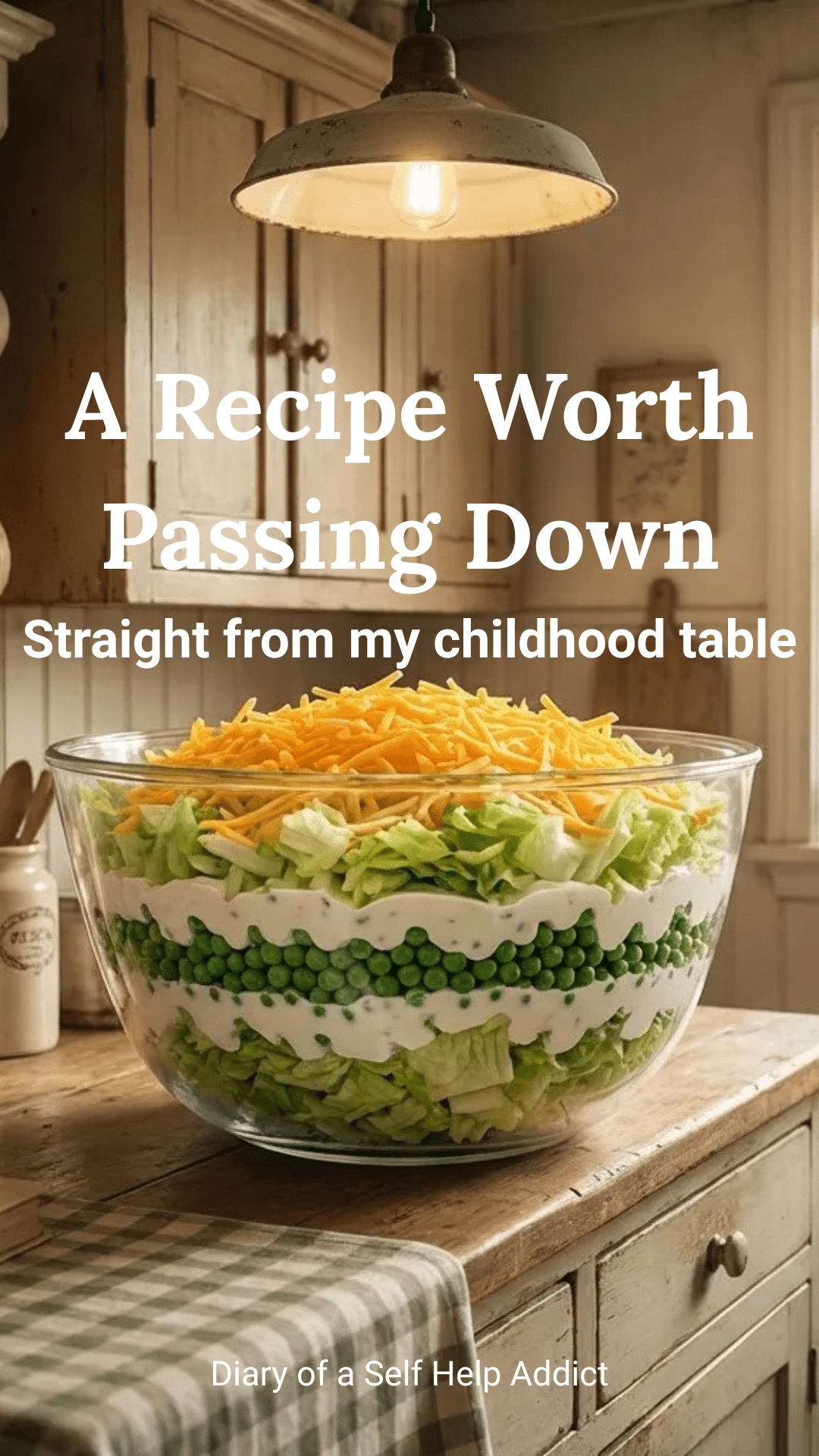 Vintage-inspired kitchen setting with a retro glass bowl of layered salad on a counter, soft warm lighting, evoking family traditions and summer memories.