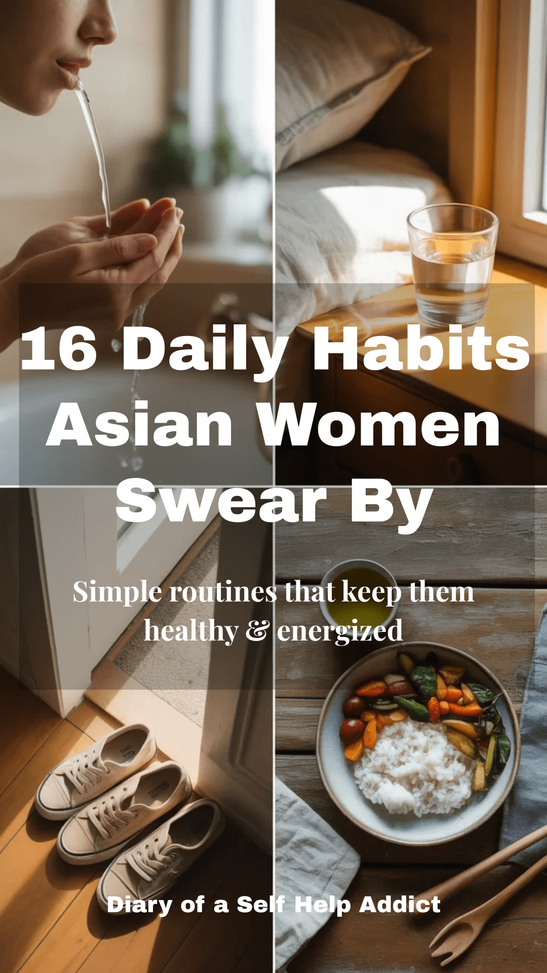 Split-style image showing 3–4 small daily habits: someone gently gargling salt water a glass of warm water on a bedside table shoes neatly lined up at a doorway a simple, balanced meal (rice, vegetables, tea) Soft lighting, natural textures, minimal aesthetic. Feels real and lived-in, not stocky.