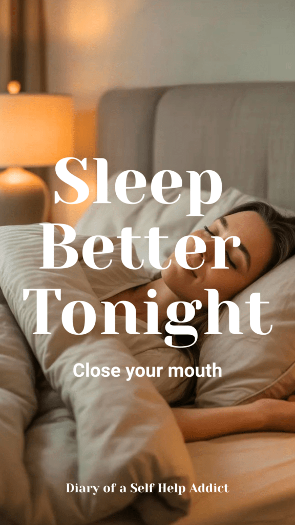 Peaceful bedroom scene with a woman sleeping comfortably with mouth closed, soft lighting, cozy bedding, calming atmosphere. Subtle text space for “breathe better, sleep better.”