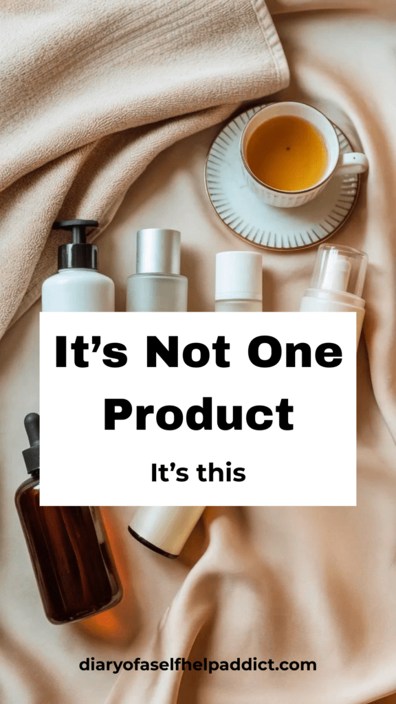 Flat lay of Korean skincare products (toner, essence, serum, sheet mask) arranged neatly on a soft neutral background with a cup of tea and a towel. Minimal aesthetic, soft lighting.