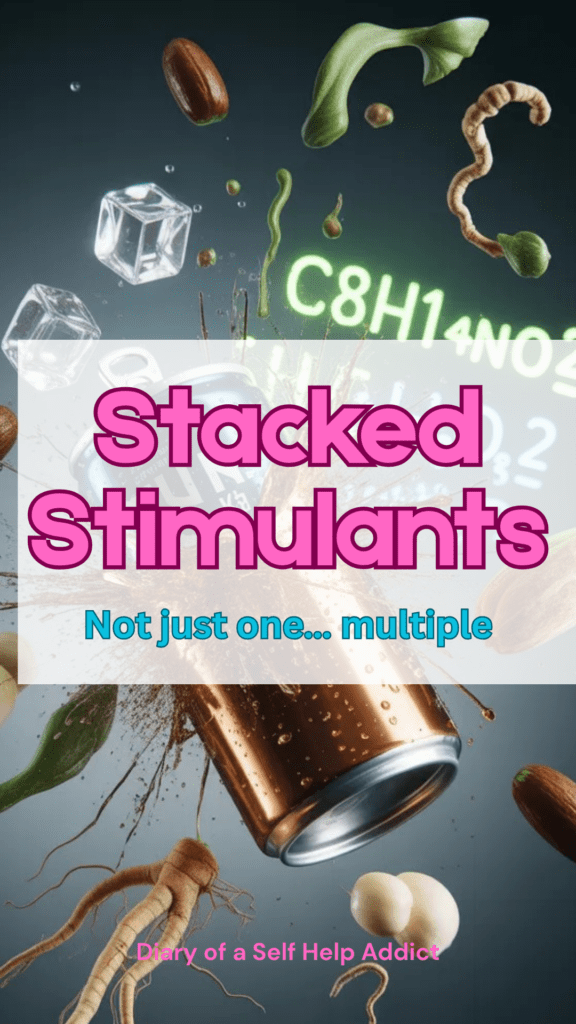 An energy drink can exploded outward with ingredients floating around it (caffeine, guarana, ginseng, chemical symbols), layered in a chaotic swirl.