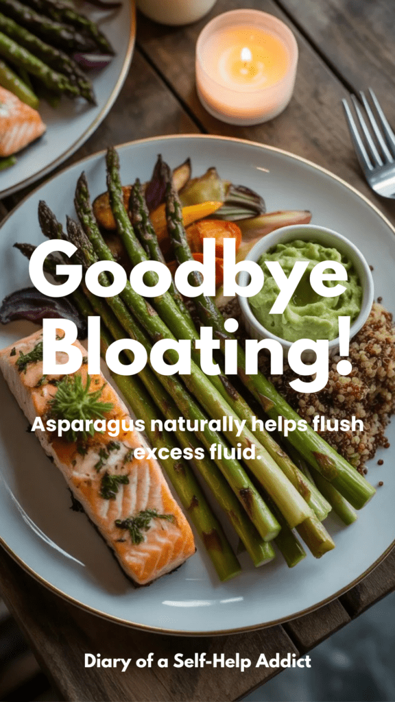 A plated asparagus dish (roasted or grilled) next to a balanced meal—protein, healthy fats, veggies. Warm lighting, cozy but elevated.