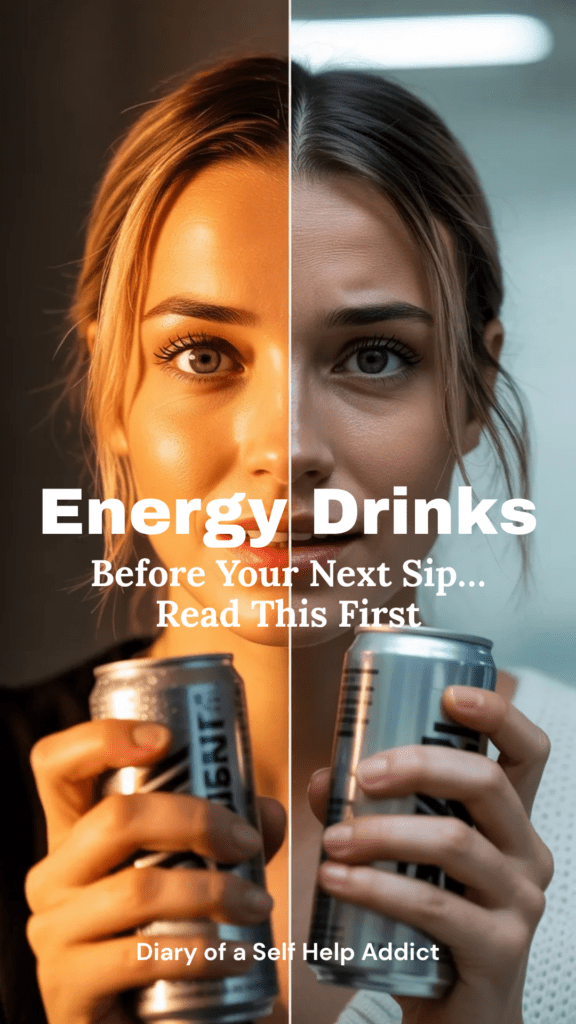 Split image: energized, glowing woman on one side… faded, anxious, exhausted version on the other—with the same drink in hand.