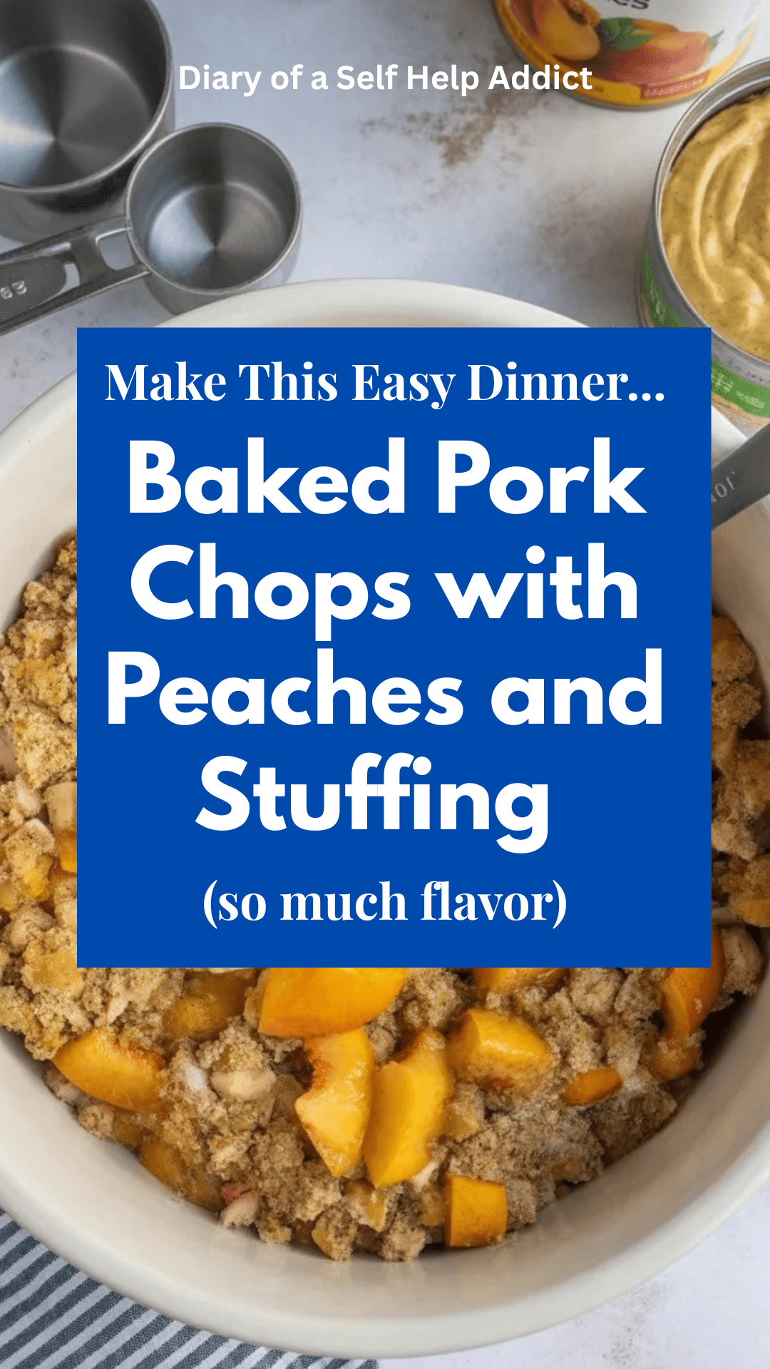 A mixing bowl filled with stuffing mix, melted butter, and peaches mid-stir, with measuring cups and ingredients (preserves, Dijon mustard, canned peaches) styled around it on the counter.