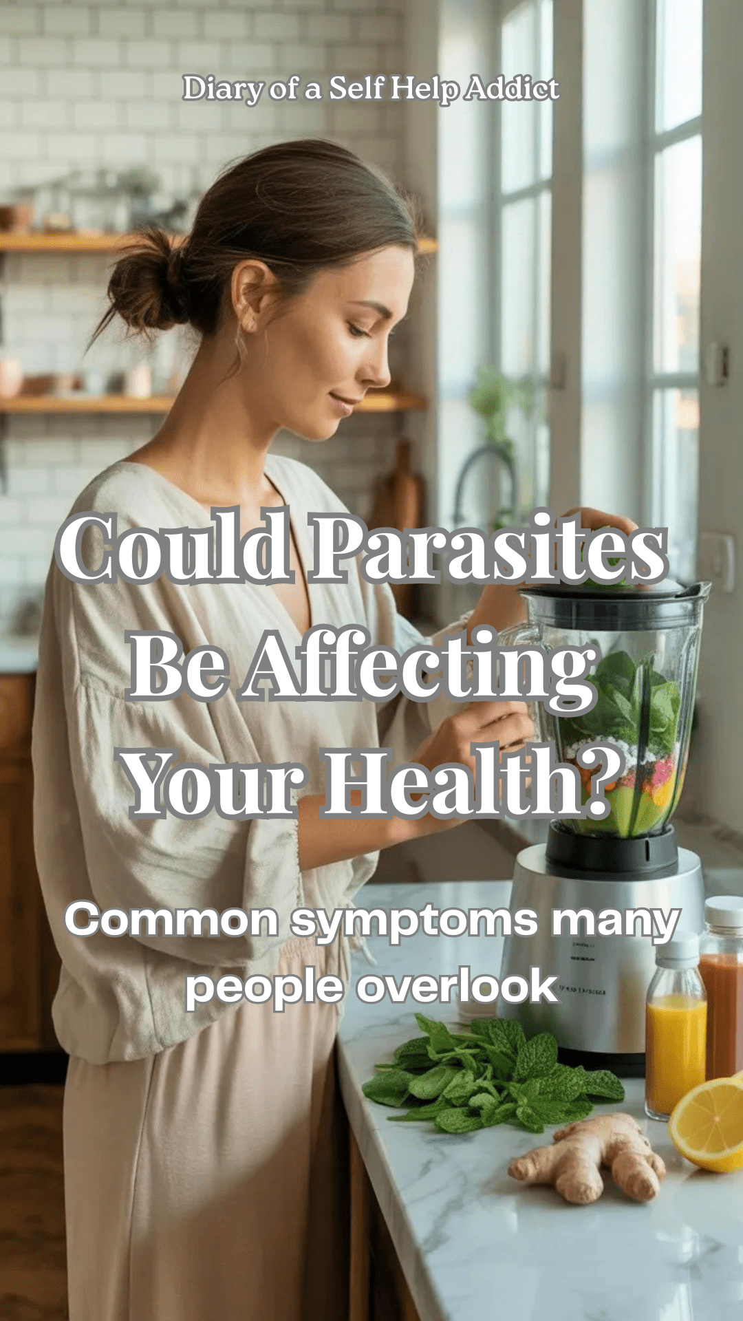 A woman in comfy neutral loungewear standing in a bright kitchen preparing a wellness drink with fresh herbs and supplements, giving healthy lifestyle and detox reset vibes.