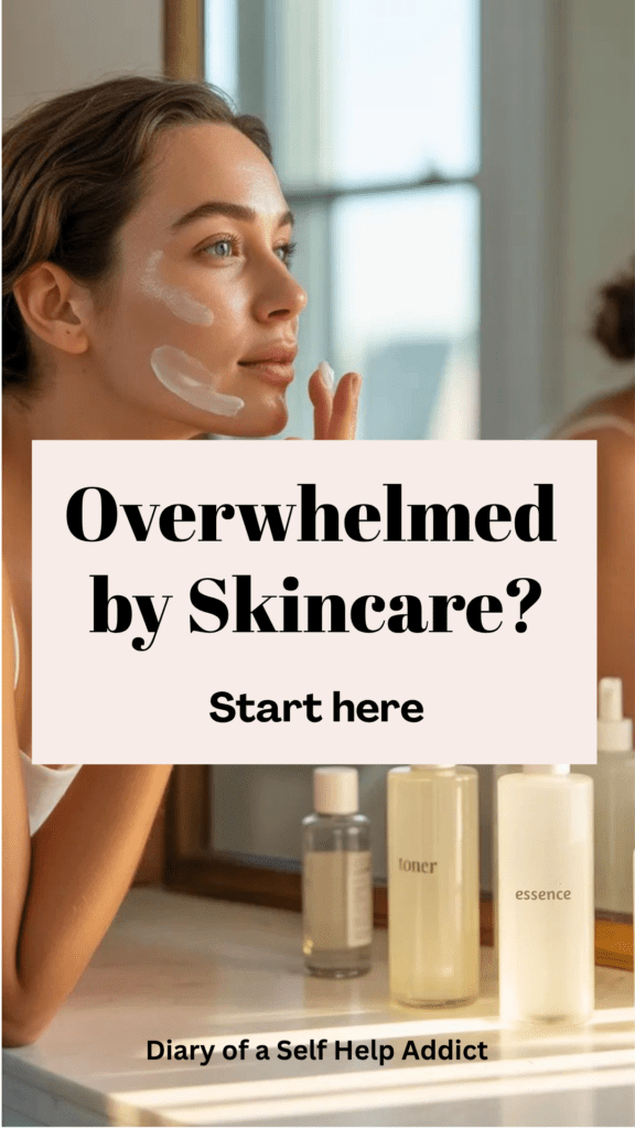 A woman with glowing skin applying skincare in front of a mirror, soft sunlight coming through a window, calm morning routine aesthetic, subtle labels showing toner, essence, serum steps