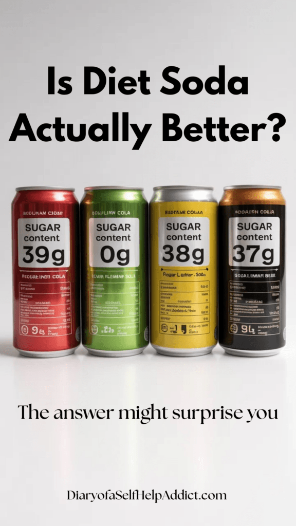 Flat lay of multiple soda cans (regular, diet, clear, and dark) arranged side-by-side with labels highlighting sugar content and ingredients.