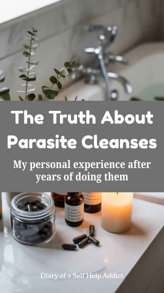 A clean aesthetic bathroom counter with natural detox products, activated charcoal capsules, herbal tinctures, eucalyptus, and a candle beside a relaxing bath setup.
