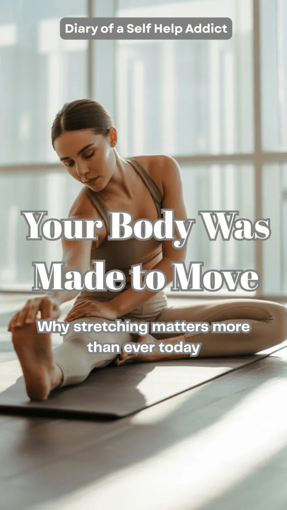 Close-up of a woman stretching her hip flexors on a yoga mat at home with coffee nearby, cozy morning wellness atmosphere, minimal decor, natural movement and self-care aesthetic.