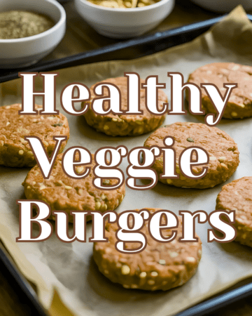 A meal prep scene showing multiple uncooked veggie burger patties separated with parchment paper on a baking tray beside bowls of lentils, mushrooms, walnuts, and spices in warm natural lighting.