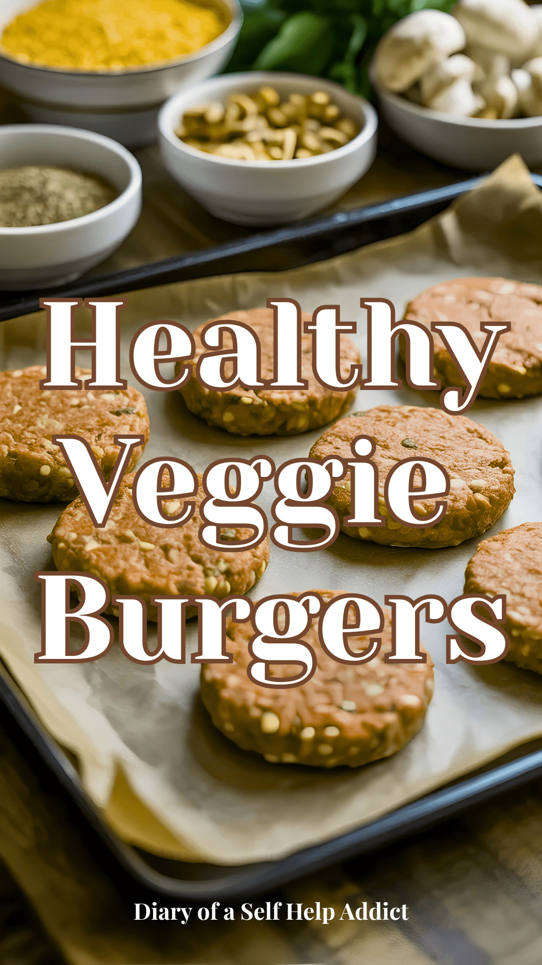 A meal prep scene showing multiple uncooked veggie burger patties separated with parchment paper on a baking tray beside bowls of lentils, mushrooms, walnuts, and spices in warm natural lighting.