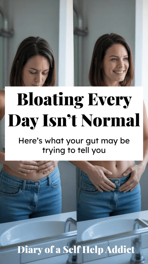 A woman wearing jeans and a white tank top gently holding her bloated stomach while standing in front of a mirror. Split-image concept showing one side bloated and uncomfortable and the other side happy, energized, and healthy.