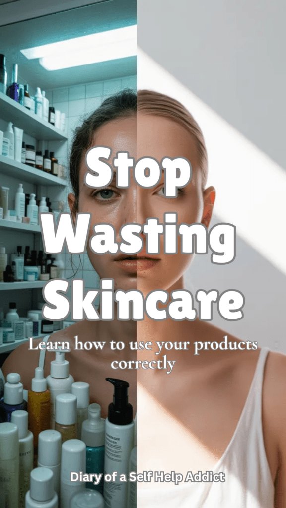Split image: left side cluttered skincare shelf and stressed expression, right side minimal routine with glowing skin and calm vibe, bright and airy contrast