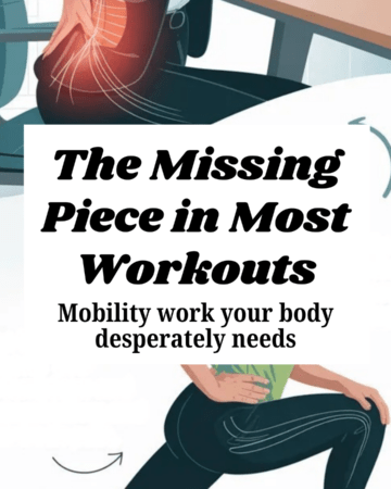 A woman seated at a desk holding her low back in discomfort beside split-screen imagery of her stretching afterward, illustrating how tight hips and legs contribute to back pain, educational wellness style.