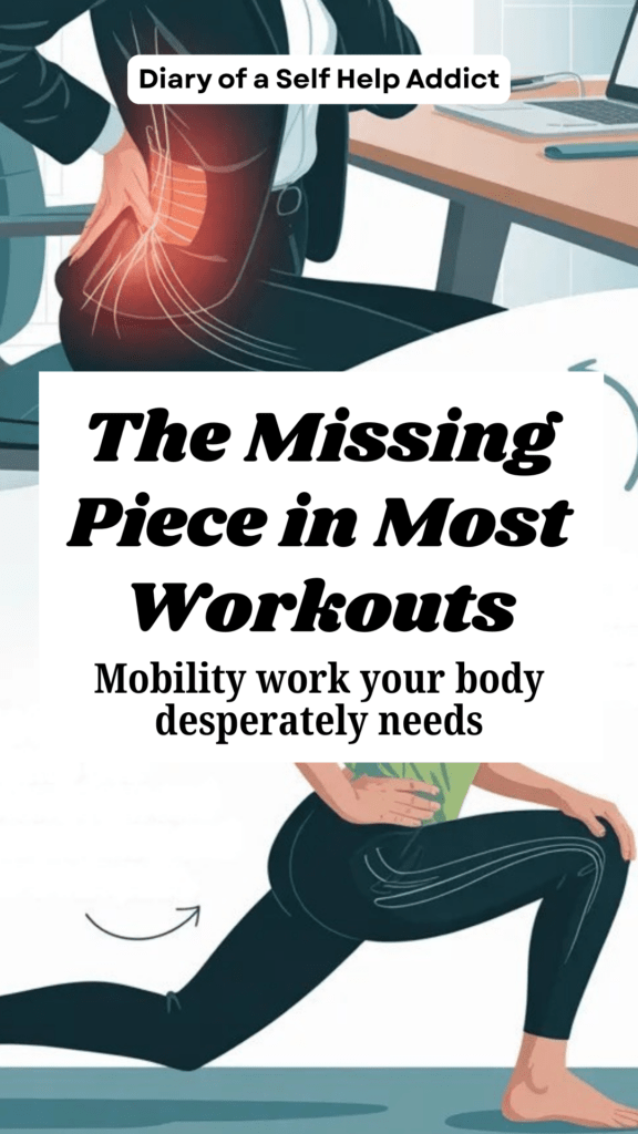 A woman seated at a desk holding her low back in discomfort beside split-screen imagery of her stretching afterward, illustrating how tight hips and legs contribute to back pain, educational wellness style.