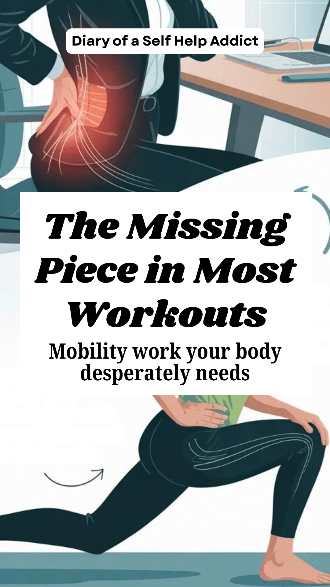 A woman seated at a desk holding her low back in discomfort beside split-screen imagery of her stretching afterward, illustrating how tight hips and legs contribute to back pain, educational wellness style.
