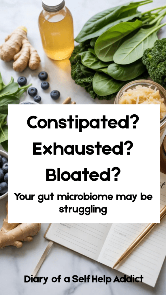 Flat lay of gut-health-friendly foods including yogurt, blueberries, kombucha, sauerkraut, leafy greens, ginger, and probiotics arranged beside a notebook that says “Healthy Gut Checklist.” Bright airy Pinterest aesthetic.
