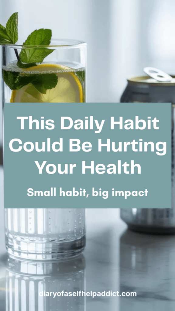 A clean, aesthetic glass of sparkling water with lemon next to a can of soda, symbolizing a healthy swap.