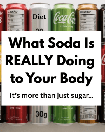 Flat lay of multiple soda cans (regular, diet, clear, and dark) arranged side-by-side with labels highlighting sugar content and ingredients.