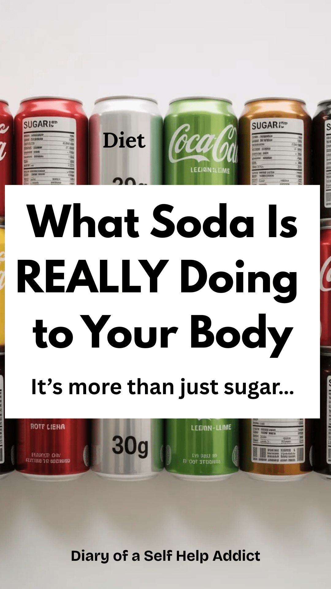 Flat lay of multiple soda cans (regular, diet, clear, and dark) arranged side-by-side with labels highlighting sugar content and ingredients.
