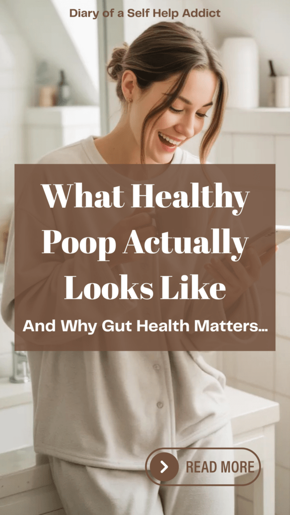 A bright, clean bathroom scene with a woman in cozy neutral loungewear holding coffee and laughing while reading about gut health on her phone. Soft natural lighting, spa-like aesthetic, minimal decor, wellness influencer vibe.