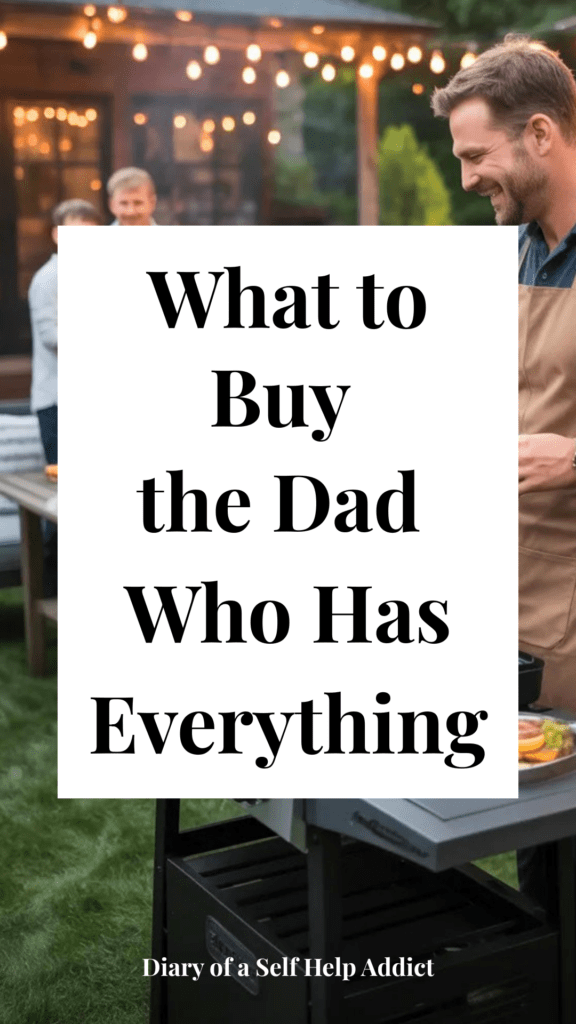 A cozy backyard Father’s Day setup with a dad grilling burgers on a Blackstone griddle while holding a drink, string lights glowing overhead, family gathered around outside during sunset.