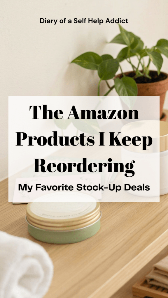 Neatly organized bathroom shelf filled with skincare stock-up essentials like sheet masks, exfoliating pads, retinol cream, and sunscreen with a clean spa-like aesthetic.