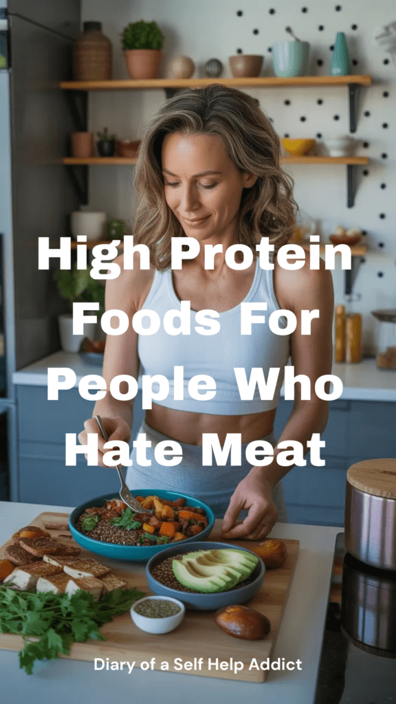 A fit woman in her 40s preparing a colorful high-protein vegetarian meal with quinoa bowls, roasted vegetables, tofu, avocado, and hemp seeds in a modern kitchen with a cozy wellness aesthetic.