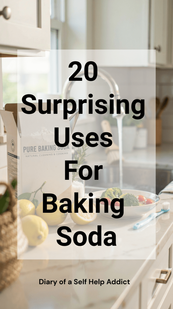 A bright farmhouse-style kitchen with an open box of baking soda surrounded by fresh lemons, a sink being cleaned, produce soaking in a bowl of water, and a toothbrush nearby. Clean, fresh, natural wellness aesthetic with soft white and blue tones.