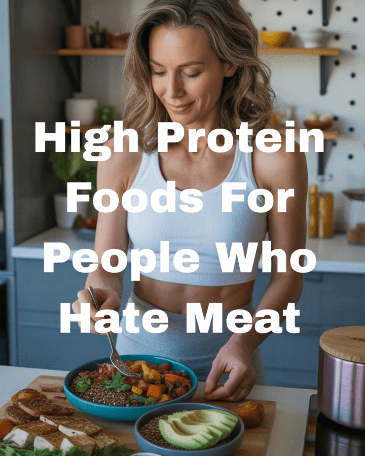 A fit woman in her 40s preparing a colorful high-protein vegetarian meal with quinoa bowls, roasted vegetables, tofu, avocado, and hemp seeds in a modern kitchen with a cozy wellness aesthetic.