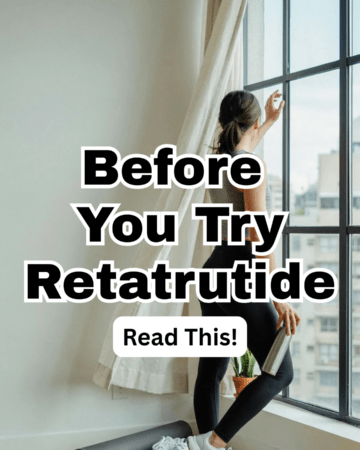 Fitness/wellness influencer style image of a woman in athleisure looking thoughtfully out a window with text overlay discussing retatrutide side effects and safety concerns.