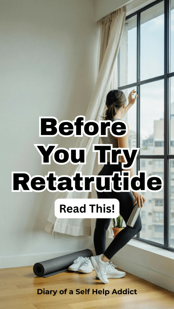 Fitness/wellness influencer style image of a woman in athleisure looking thoughtfully out a window with text overlay discussing retatrutide side effects and safety concerns.