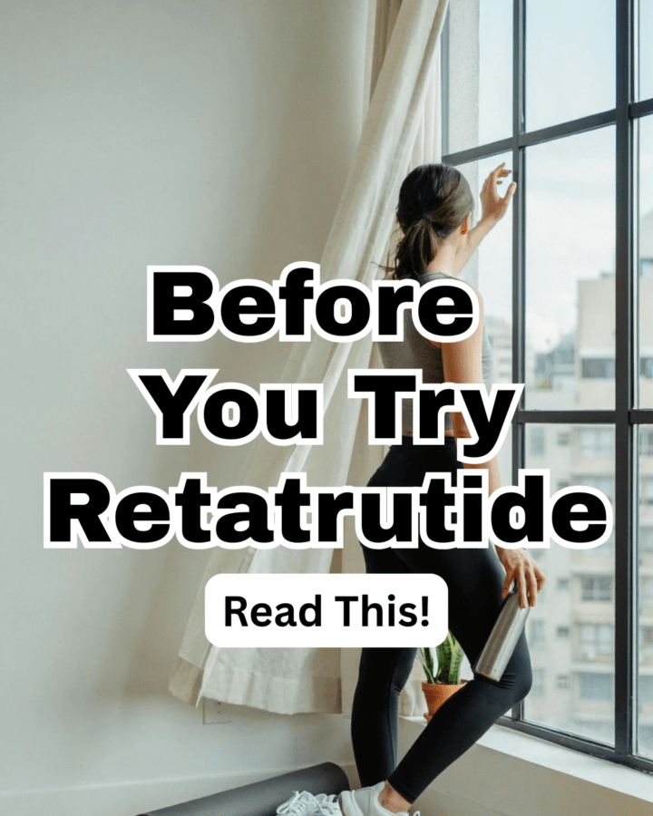 Fitness/wellness influencer style image of a woman in athleisure looking thoughtfully out a window with text overlay discussing retatrutide side effects and safety concerns.