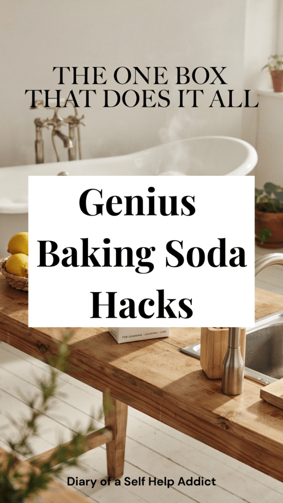 A rustic wooden table displaying a box of baking soda next to fresh produce, a sink, white towels, a toothbrush, and a bathtub filled with Epsom salts. Text space available for headline. Bright, clean, healthy lifestyle aesthetic.
