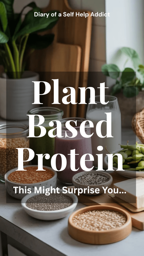 A bright healthy kitchen counter filled with surprising plant-based protein foods including lentils, tofu, edamame, Greek yogurt, chia seeds, hemp hearts, quinoa, pumpkin seeds, and protein smoothies in glass jars with natural lighting.