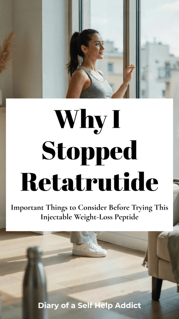Fitness/wellness influencer style image of a woman in athleisure looking thoughtfully out a window with text overlay discussing retatrutide side effects and safety concerns.