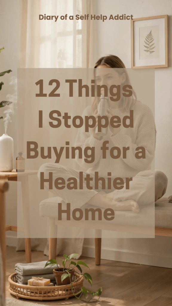 Lifestyle image of a woman holding a stainless steel water bottle beside a diffuser and natural wellness products with cozy minimalist home vibes.