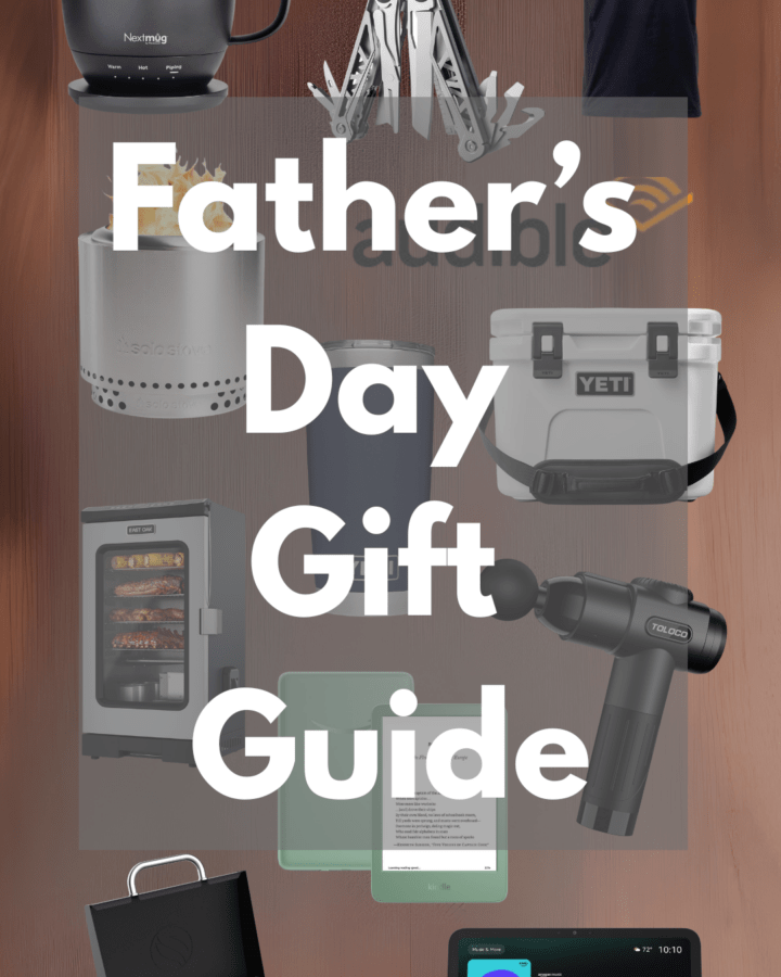 Flat lay of trendy Father’s Day gifts including a YETI tumbler, massage gun, whiskey smoker kit, grilling tools, and smartwatch arranged on a wooden table with masculine neutral tones.
