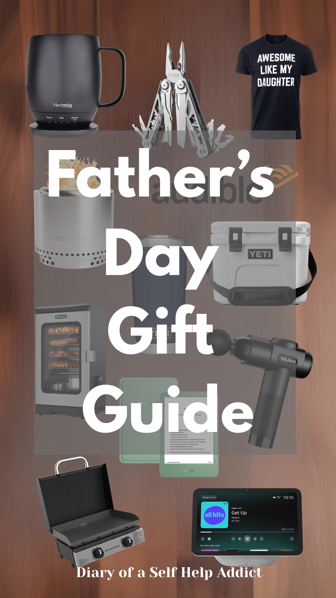 Flat lay of trendy Father’s Day gifts including a YETI tumbler, massage gun, whiskey smoker kit, grilling tools, and smartwatch arranged on a wooden table with masculine neutral tones.
