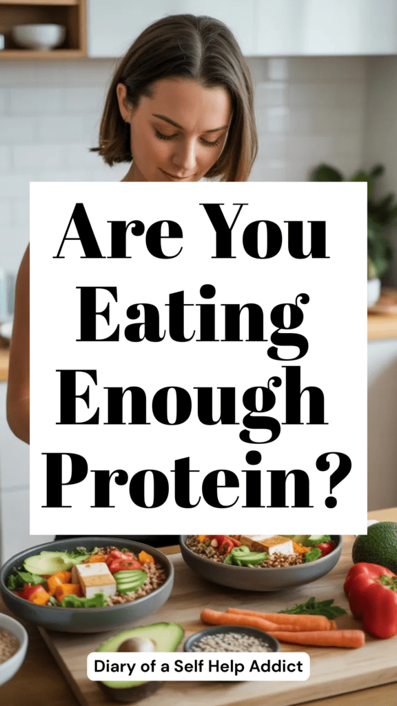 A fit woman in her 40s preparing a colorful high-protein vegetarian meal with quinoa bowls, roasted vegetables, tofu, avocado, and hemp seeds in a modern kitchen with a cozy wellness aesthetic.