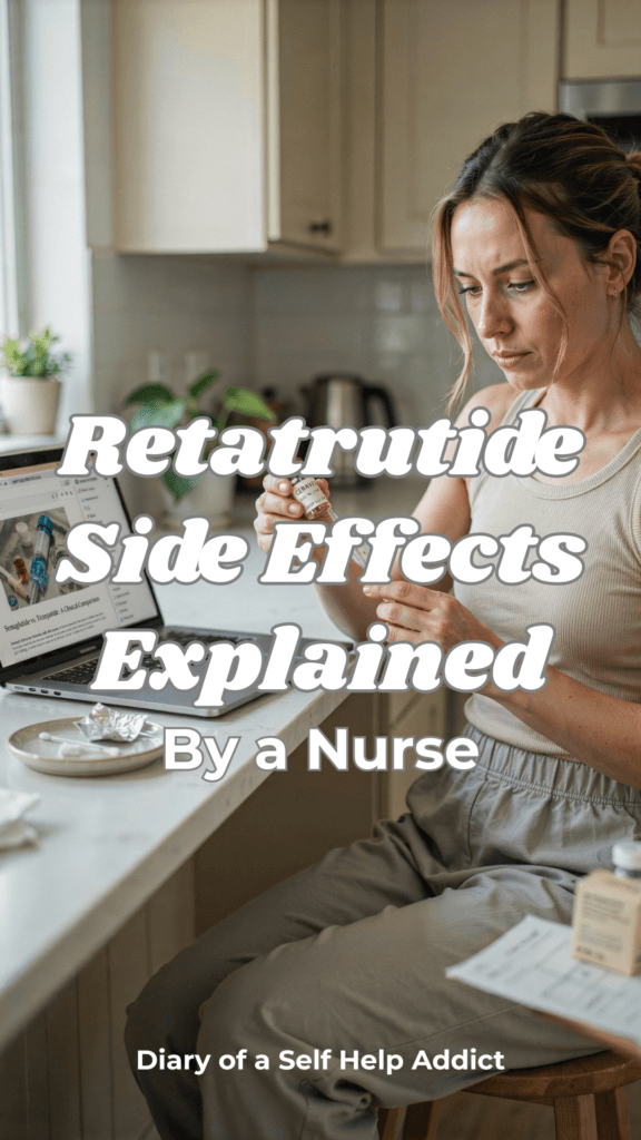 A woman sitting at a kitchen counter holding a peptide vial and insulin syringe while researching on her laptop with a concerned expression. Neutral wellness aesthetic, realistic lighting, biohacking vibe.