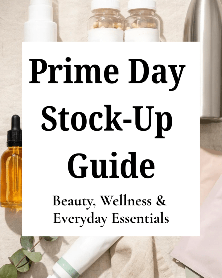 Flat lay of Amazon shopping cart items including sunscreen, skincare products, supplements, facial masks, toothpaste, and water bottle on a clean white or neutral background with soft natural light. Modern wellness aesthetic.