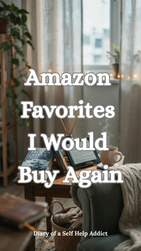 Kindle Paperwhite, The Frozen River book, Broken Country book, throw blanket, diffuser, and cup of tea arranged beside a cozy chair with warm lighting. Relaxing self-care and personal growth atmosphere.