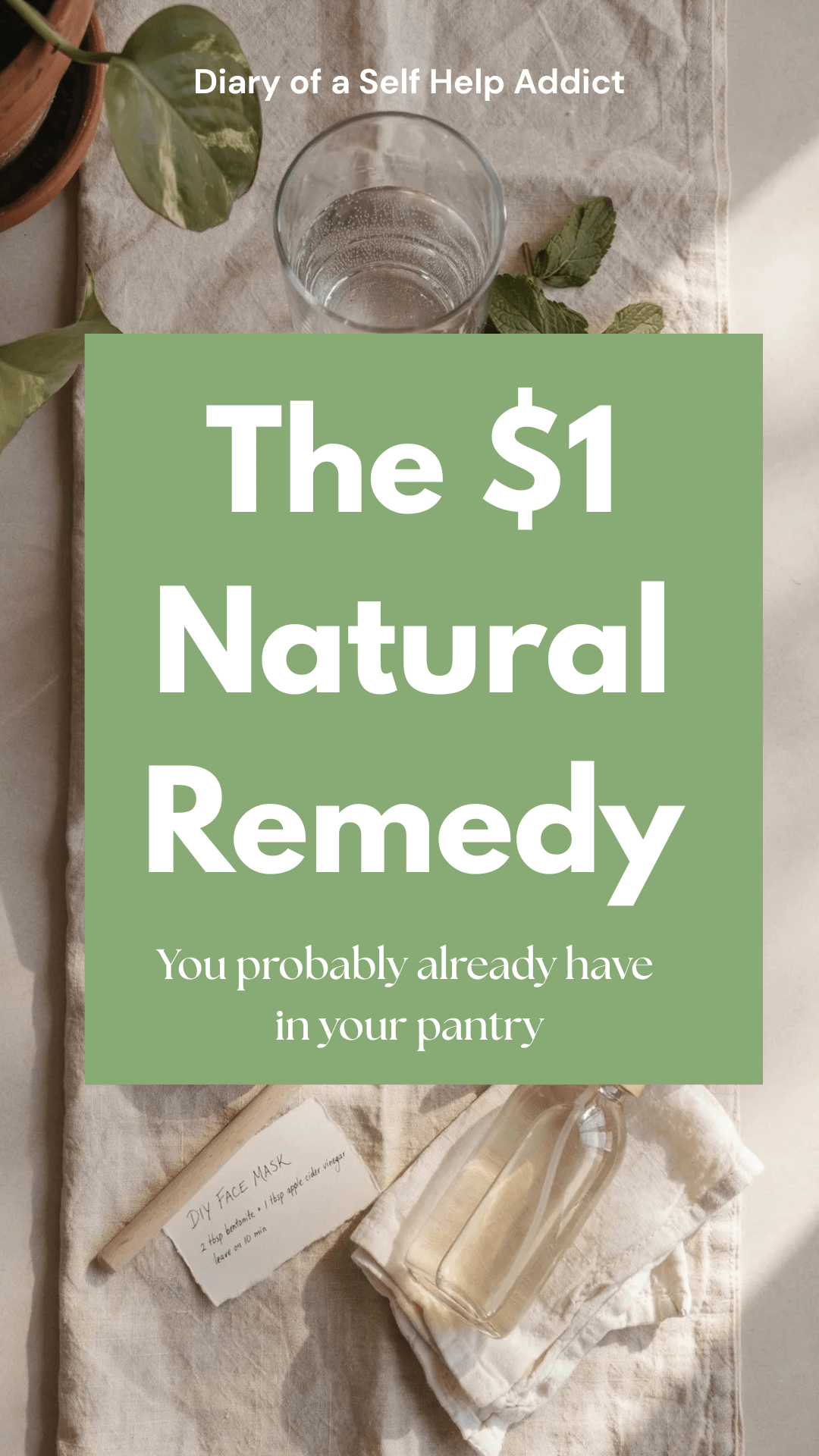 A beautifully styled flat lay featuring baking soda in a glass jar, a wooden spoon, Epsom salts, bentonite clay, fresh mint leaves, a glass of water, and natural cleaning supplies. Cozy wellness blogger vibe with neutral colors and sunlight streaming in.
