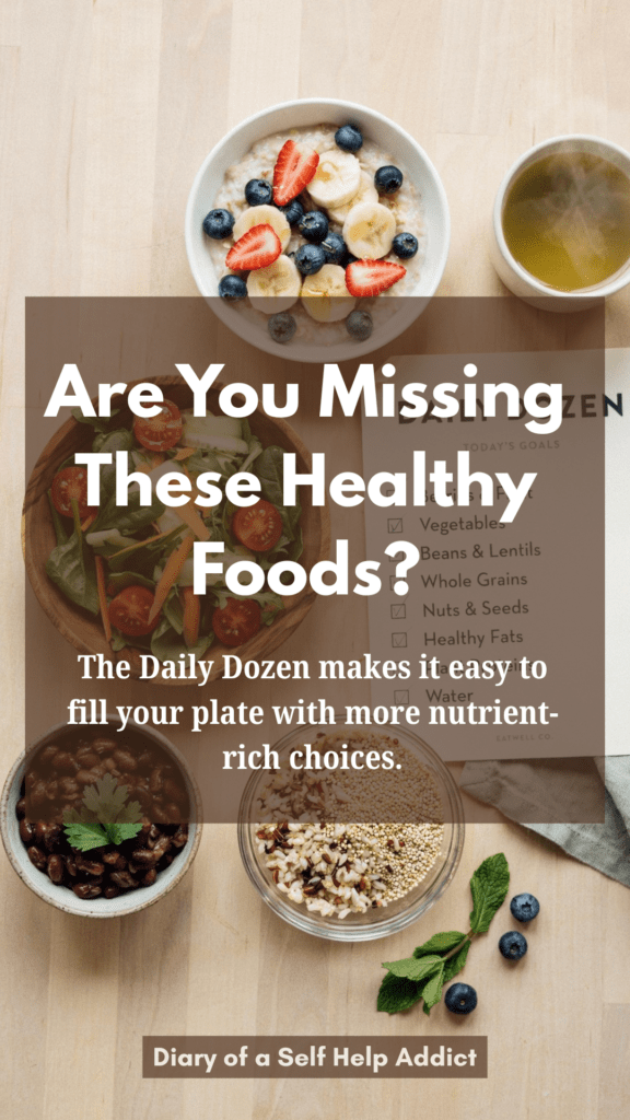 A healthy meal prep scene featuring oatmeal with berries, leafy green salad, beans, whole grains, and a printable Daily Dozen checklist on a kitchen counter.