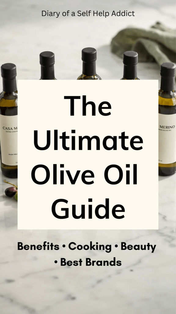 Five elegant bottles of premium extra virgin olive oil displayed on a white marble countertop beside fresh olives, olive branches, small tasting cups, and labels reading "High Polyphenols," "Cold Pressed," and "Extra Virgin," creating the feel of a gourmet olive oil tasting.