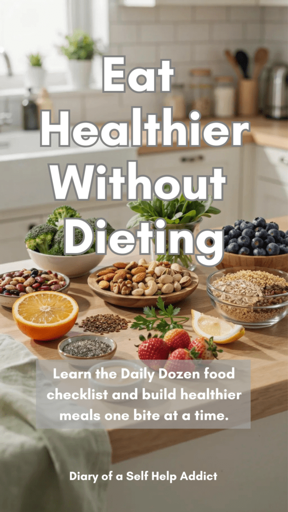 A bright kitchen filled with colorful whole plant foods including broccoli, spinach, blueberries, beans, nuts, and whole grains representing Dr. Greger's Daily Dozen.