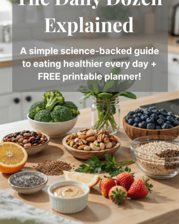 A bright kitchen filled with colorful whole plant foods including broccoli, spinach, blueberries, beans, nuts, and whole grains representing Dr. Greger's Daily Dozen.