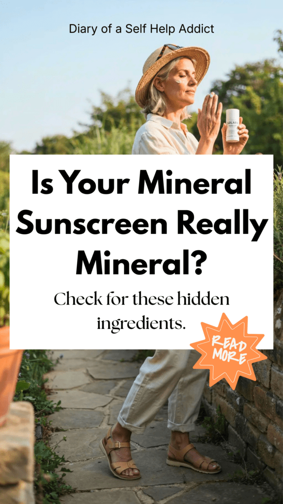 A peaceful outdoor scene featuring a woman wearing a wide-brimmed hat, sunglasses, and light linen clothing while applying mineral sunscreen before a morning walk. Soft golden sunlight, lush greenery, healthy aging lifestyle, natural and realistic photography with an emphasis on sun protection and wellness.